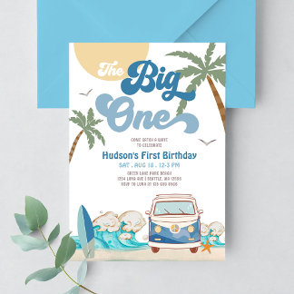Boy Navy The Big One Surfing 1st Birthday Party Invitation