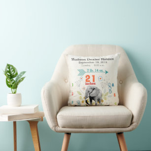 Boy Nursery Baby Birth Stat Elephant Arrow Pattern Throw Pillow