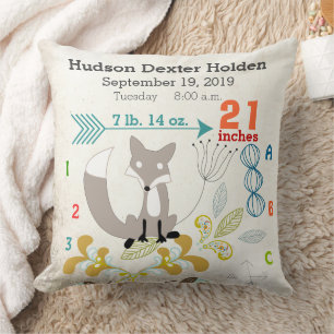 Boy Nursery Baby Birth Stat Fox Arrow Pattern Throw Pillow