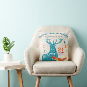 Boy Nursery Baby Birth Stat Fox Deer Arrow Throw Pillow