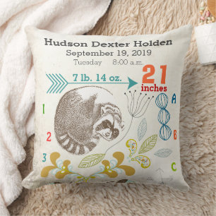 Boy Nursery Baby Birth Stat Raccoon Arrow Pattern Throw Pillow
