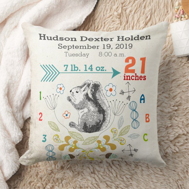 Boy Nursery Baby Birth Stat Squirrel Arrow Pattern Throw Pillow (Blanket)