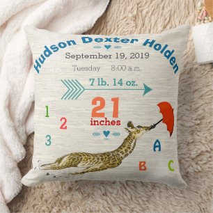 Boy Nursery Baby Birth Stats Giraffe Arrow Pattern Throw Pillow