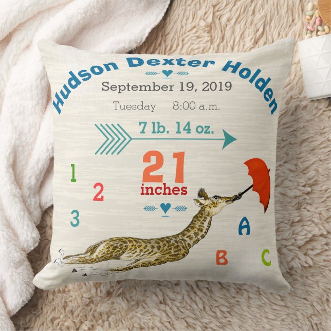 Boy Nursery Baby Birth Stats Giraffe Arrow Pattern Throw Pillow (Blanket)