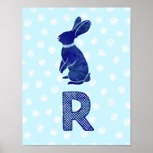 Boy Nursery Decor Rabbit Letter R Blue Dots
