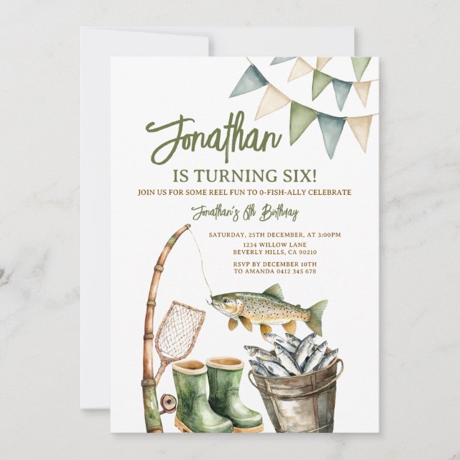 Boy O-Fish-Ally Birthday Sage Green Gingham Party Invitation (Front)