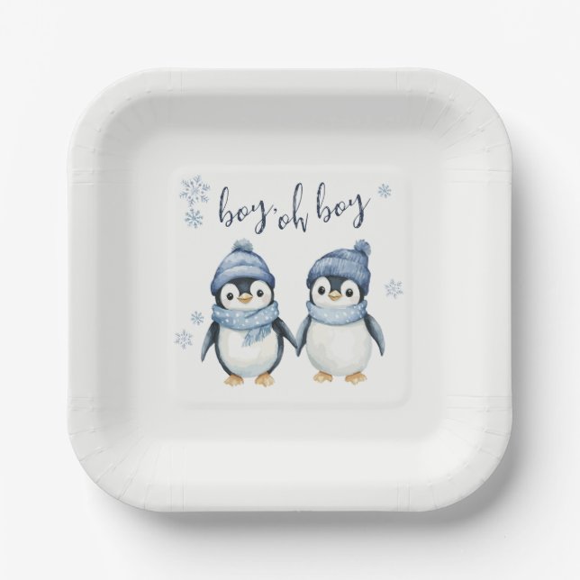boy oh boy winter baby shower paper plate (Front)