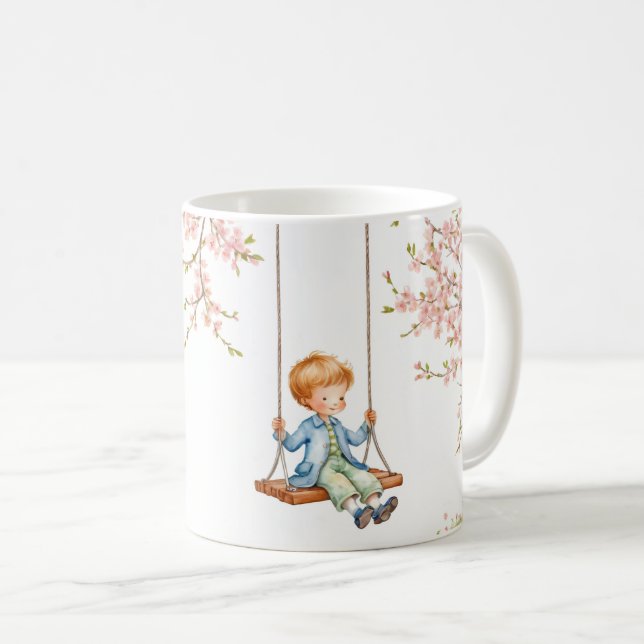 Boy on a swing Cherry Blossoms Coffee Mug (Front Right)