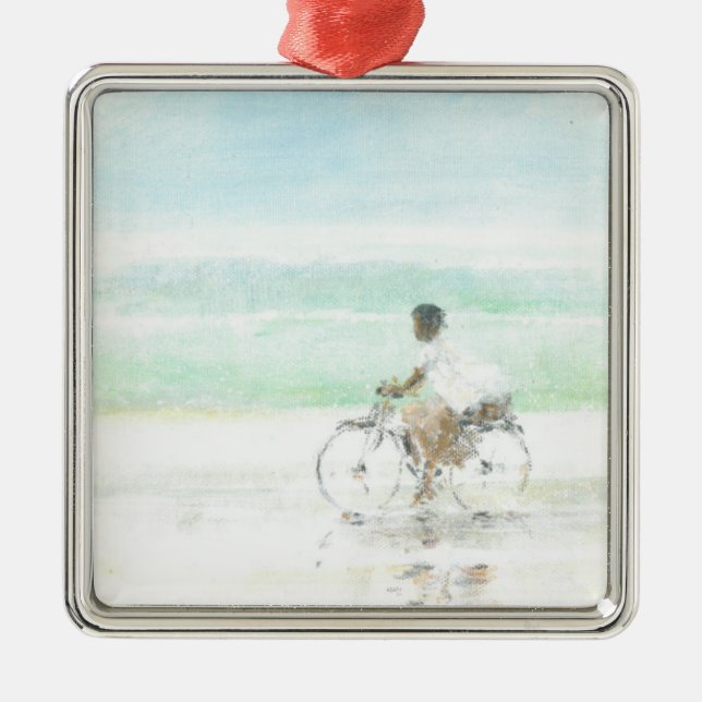 Boy on Bicycle Metal Ornament (Front)