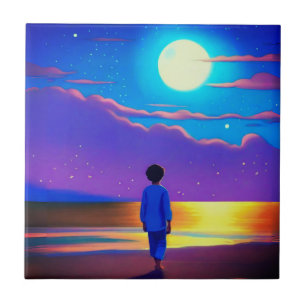 Boy on the Beach, Gazing at the Moon Tile