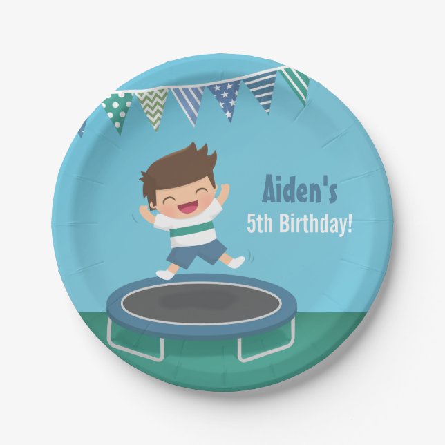 Boy on Trampoline Kids Birthday Party Paper Plates (Front)