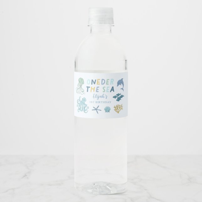 Boy ONEder The Sea Birthday Party Water Bottle Label (Front)