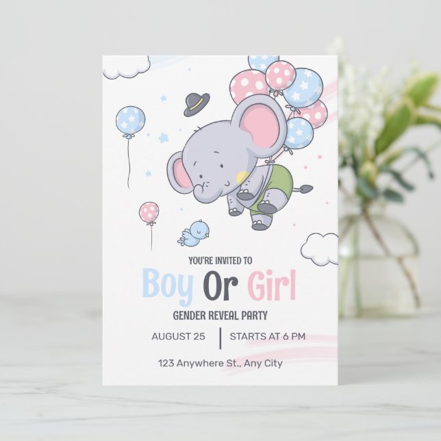 Boy Or A Girl Cute Elephant Gender Reveal  Invitation (Standing Front)