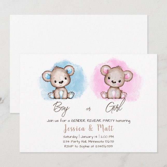 Boy or Girl Bear Gender Reveal Party Invitation (Front/Back)