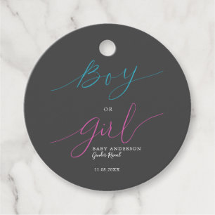 Boy or Girl Elegant Pink Blue Script Gender Reveal Favour Tags