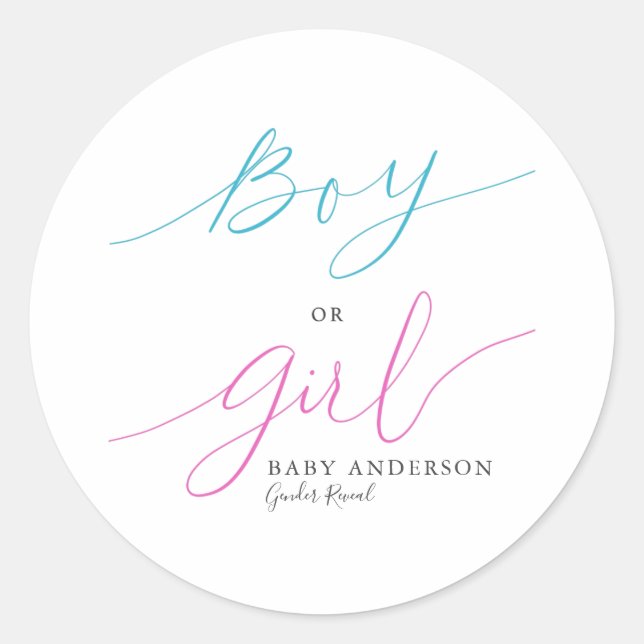 Boy or Girl Elegant Script Gender Reveal Party Classic Round Sticker (Front)