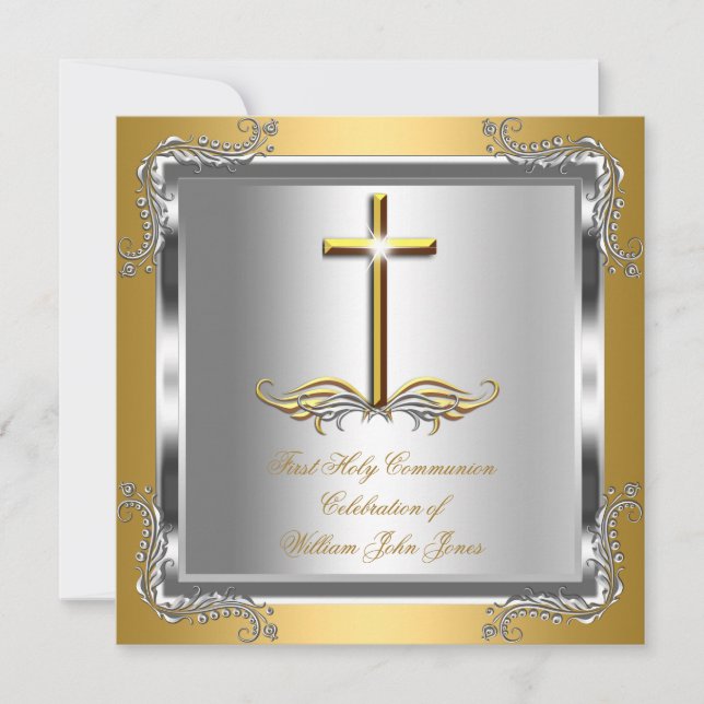 Boy or Girl First Holy Communion Gold Silver Invitation (Front)