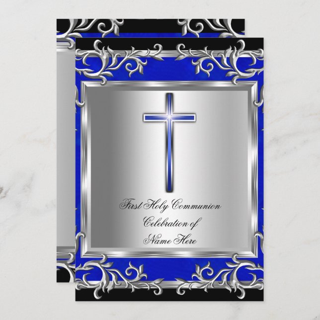 Boy or Girl First Holy Communion Silver Blue Invitation (Front/Back)