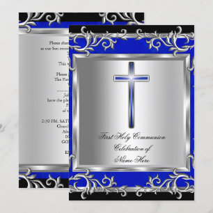 Boy or Girl First Holy Communion Silver Blue Invitation