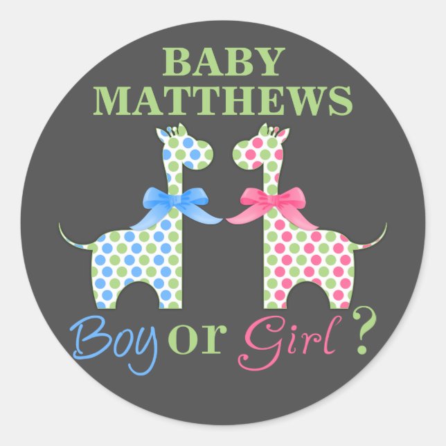 Boy Or Girl Giraffe Gender Reveal Classic Round Sticker (Front)