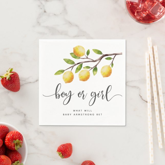 Boy or Girl Lemon Citrus Gender Reveal Party Napkin (Insitu)