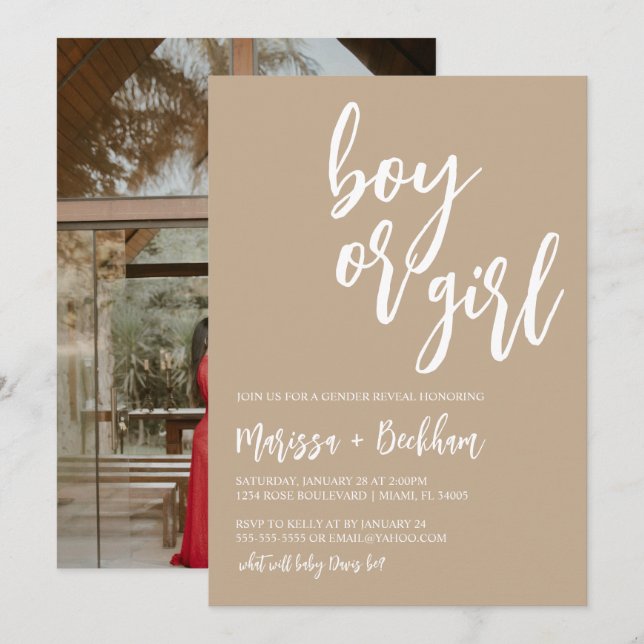 Boy or Girl Neutral Tan Gender Reveal Invitation (Front/Back)
