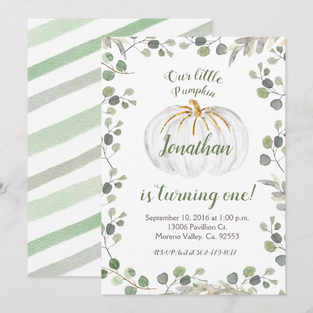 Boy Our Pumpkin is turning one Invitation greenery (Front/Back)