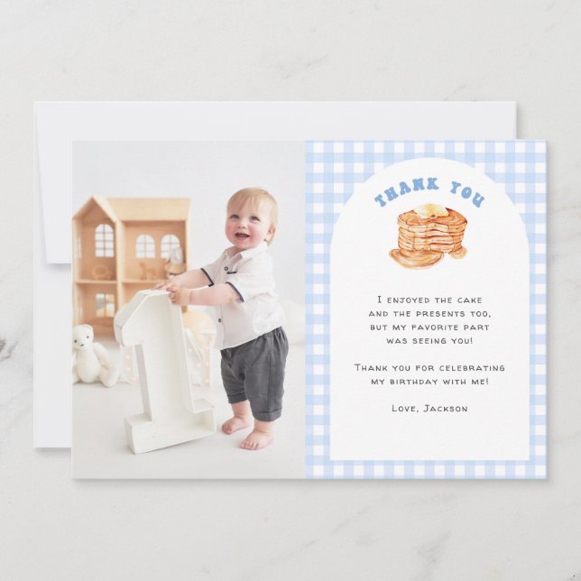 Boy Pancake Breakfast 1st Birthday Photo Thank You Card (Front)