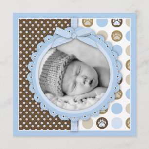 Boy Paw Print Polka Dots Birth Announcement Square