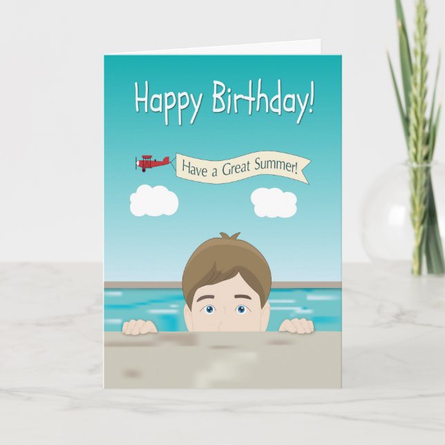 Boy Peeking from a Swimming Pool for Birthday Card (Front)