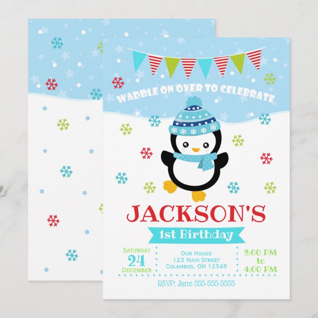 Boy Penguin Birthday Invitation / Waddle On Over (Front/Back)