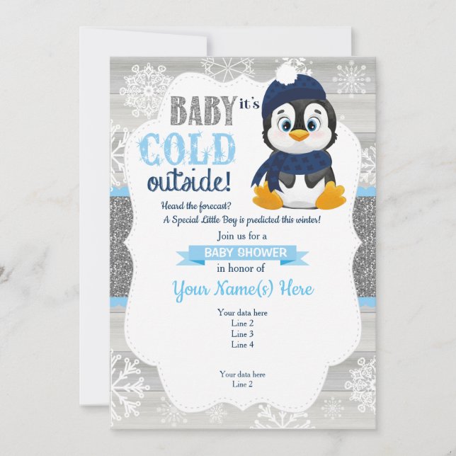 Boy Penguin Invitation hivernale pour Baby shower  (Devant)