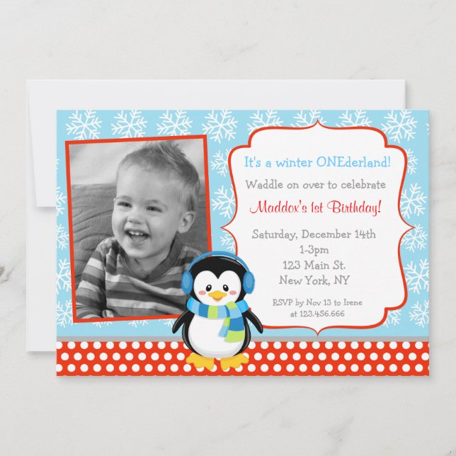 Boy Penguin Winter Birthday Invitations (Front)