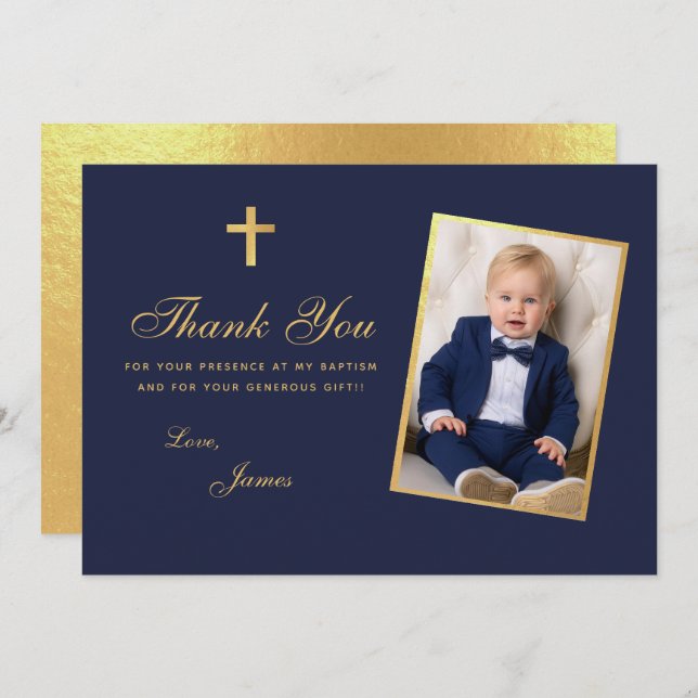 Boy Photo Baptism Faux Gold Foil Navy Blue Script Thank You Card (Front/Back)
