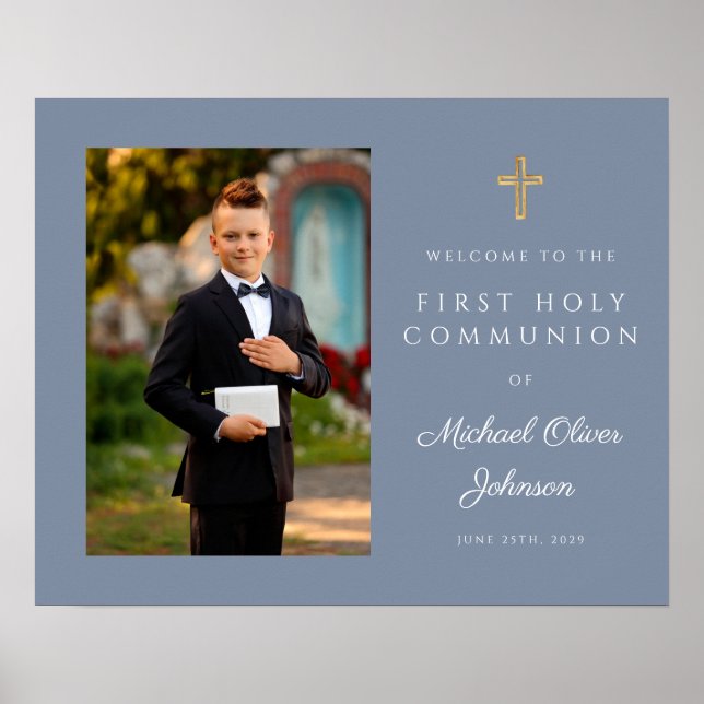 Boy Photo First Communion Dusty Blue  Poster (Front)