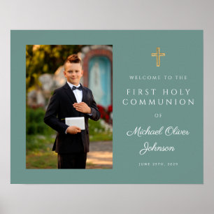 Boy Photo First Communion Green Poster