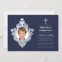 Boy Photo First Communion Navy Blue Faux Silver