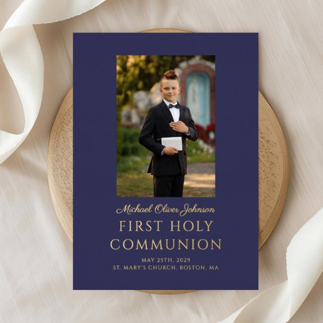 Boy Photo Navy Blue First Holy Communion Gold  (Navy Blue Script Photo Boy First Holy Communion Foil Invitation)