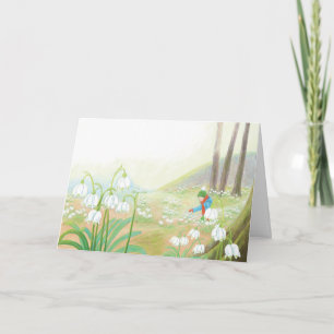 Boy Picking Spring Snowflakes Illustration  Card