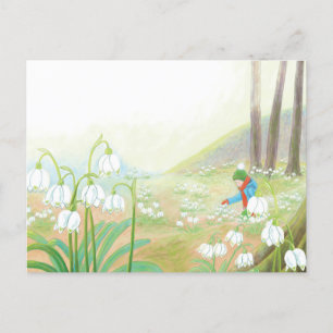 Boy Picking Spring Snowflakes Illustration Holiday Postcard