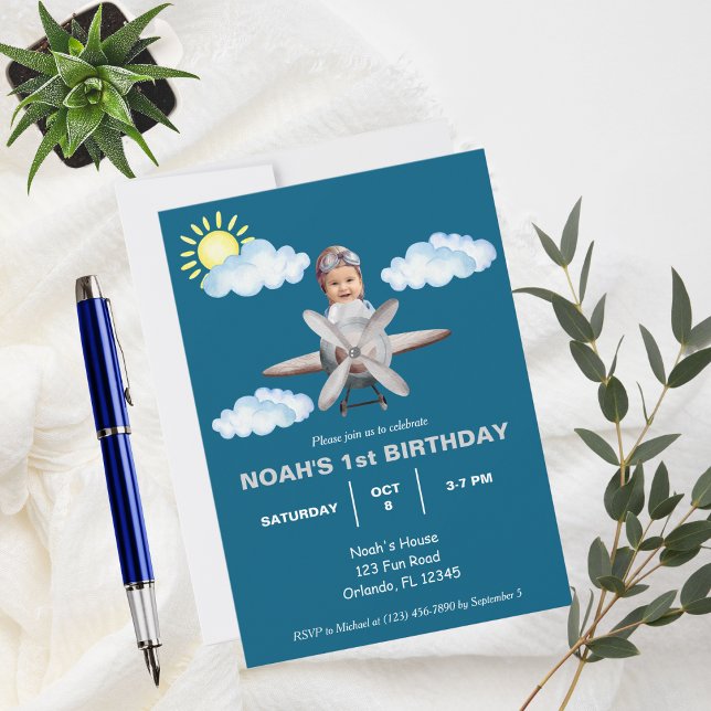 Boy Pilot, Airplane & Cloud,Photo First Birthday  Invitation (Creator Uploaded)