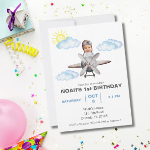 Boy Pilot, Airplane & Cloud,Photo First Birthday  Invitation