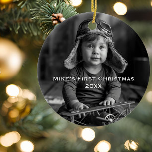 Boy Pilot Airplane Photo Aviation Cute Christmas Ceramic Ornament