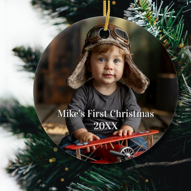 Boy Pilot Airplane Photo Aviation Cute Christmas Ceramic Ornament (Creator Uploaded)