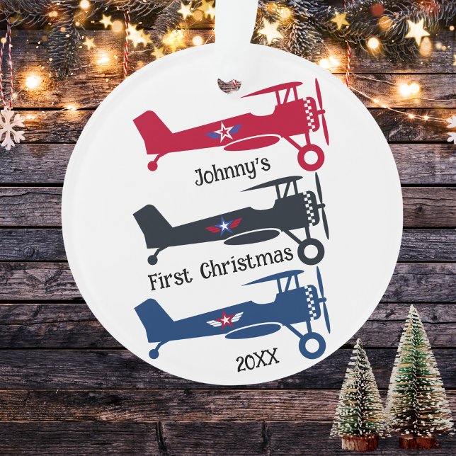 Boy Pilot First Christmas 3 Airplanes Personalized Ornament (Creator Uploaded)