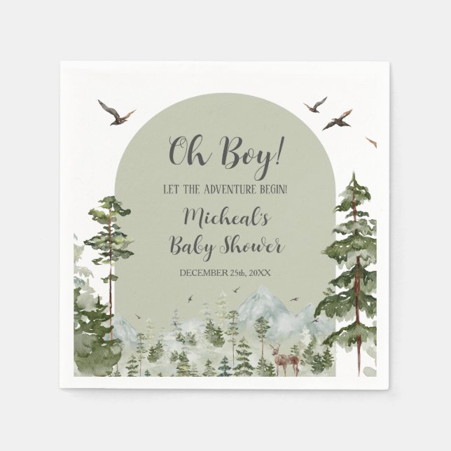 Boy Pine Tree Forest Mountain Baby Shower Napkin (Front)