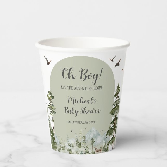 Boy Pine Tree Forest Mountain Baby Shower Paper Cups (Front)