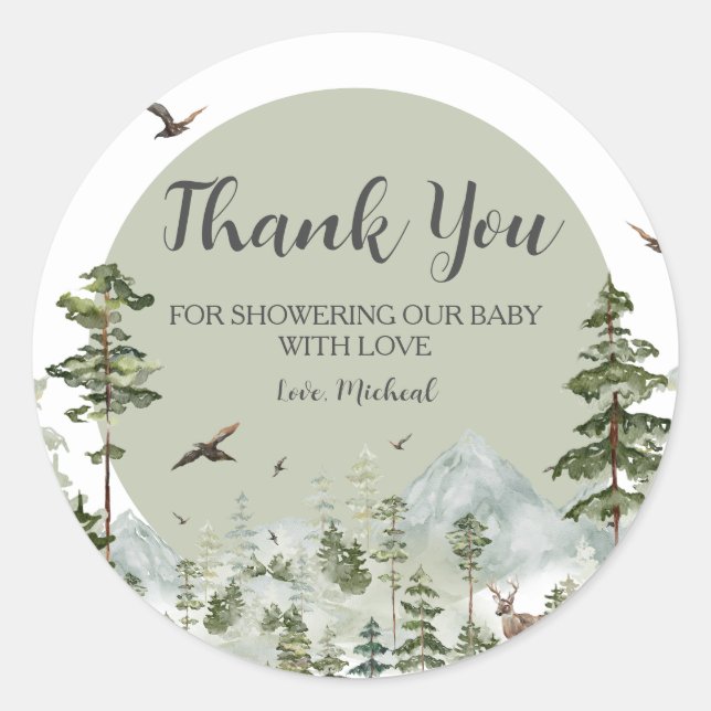 Boy Pine Tree Forest Mountain Baby Shower ThankYou Classic Round Sticker (Front)