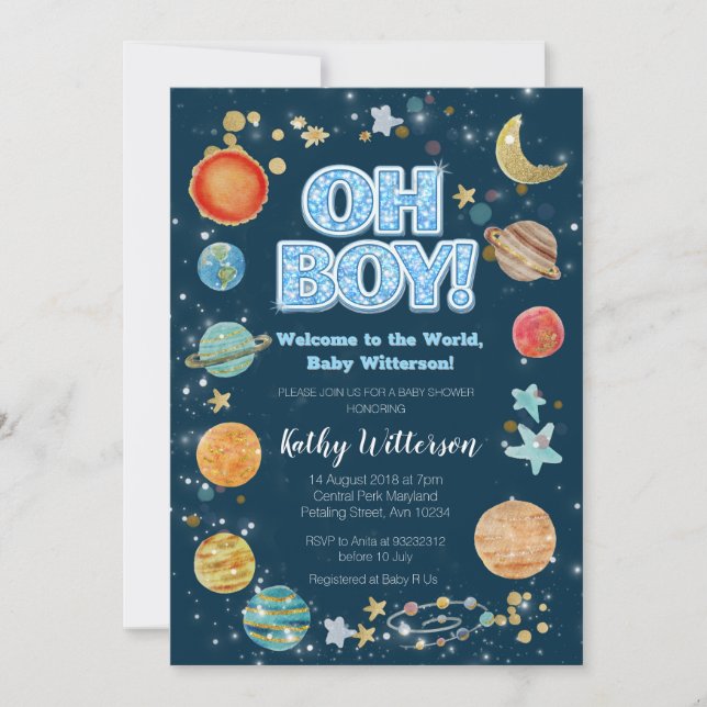 Boy Planets Outer Space Baby Shower Invitation (Devant)