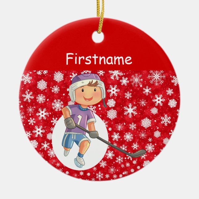 Boy player hockey ornament - red white snow (Front)
